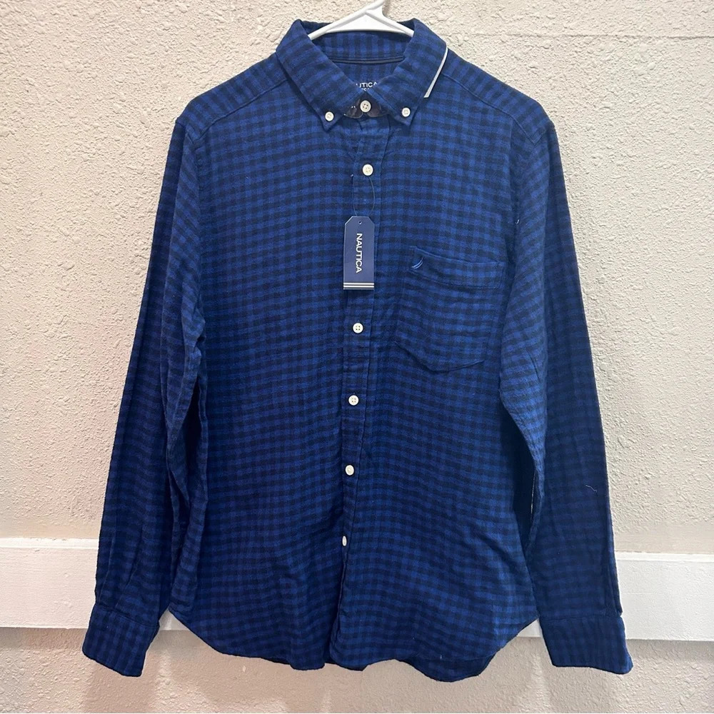 Nautica Men’s Shirt Flannel Blue Check Button Up Plaid Sz. M